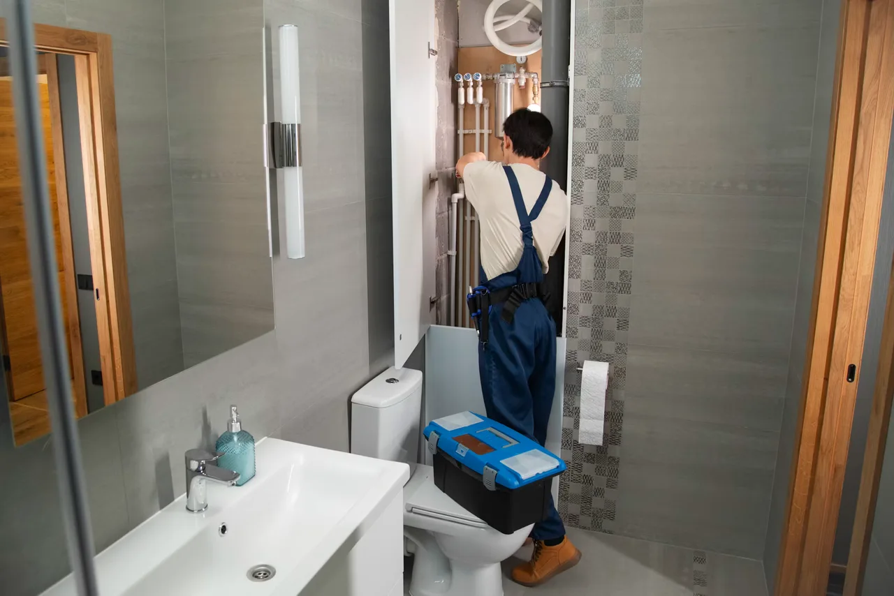 Plumber working on exposed bathroom pipework