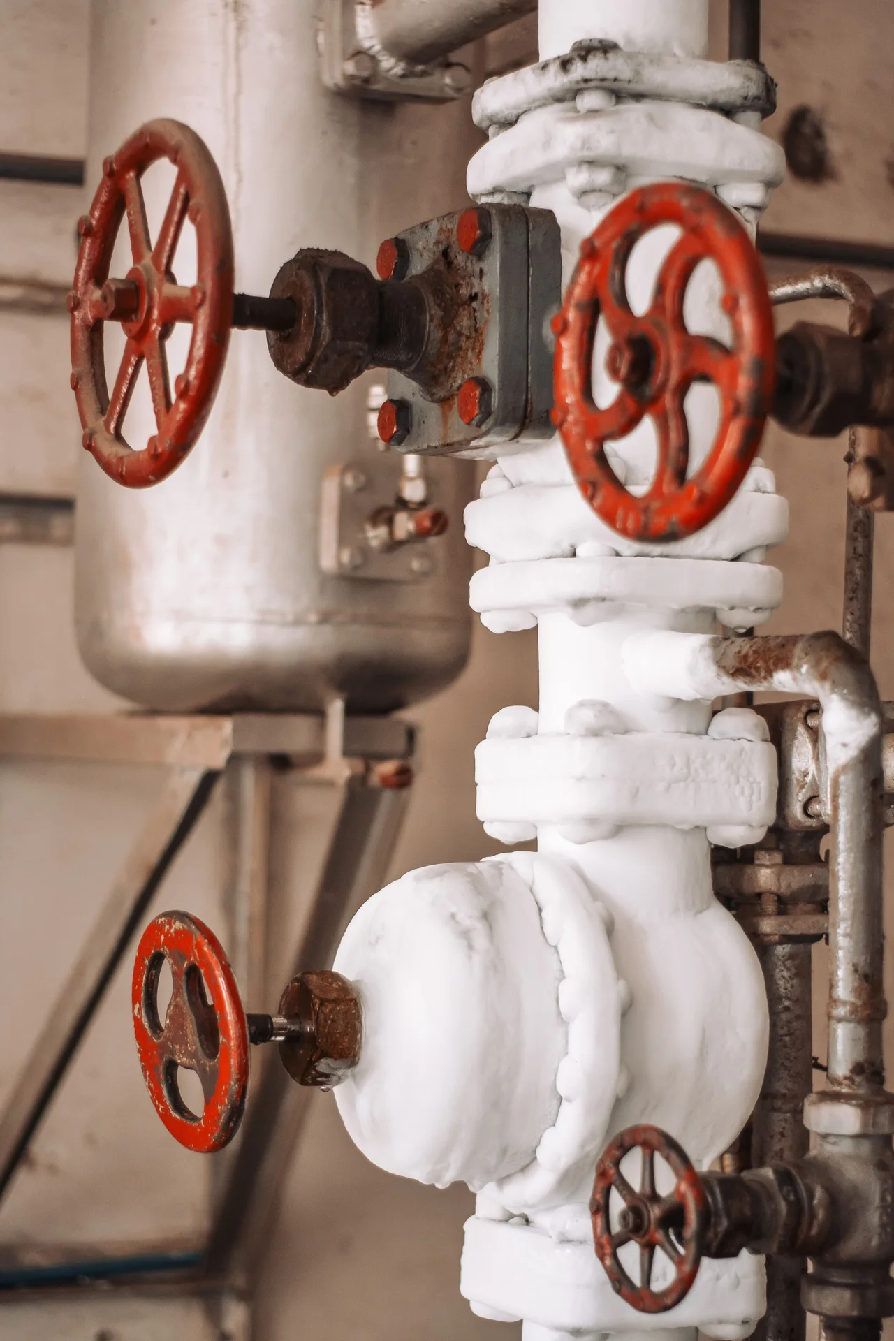 Red shutoff wheels on large industrial pipes